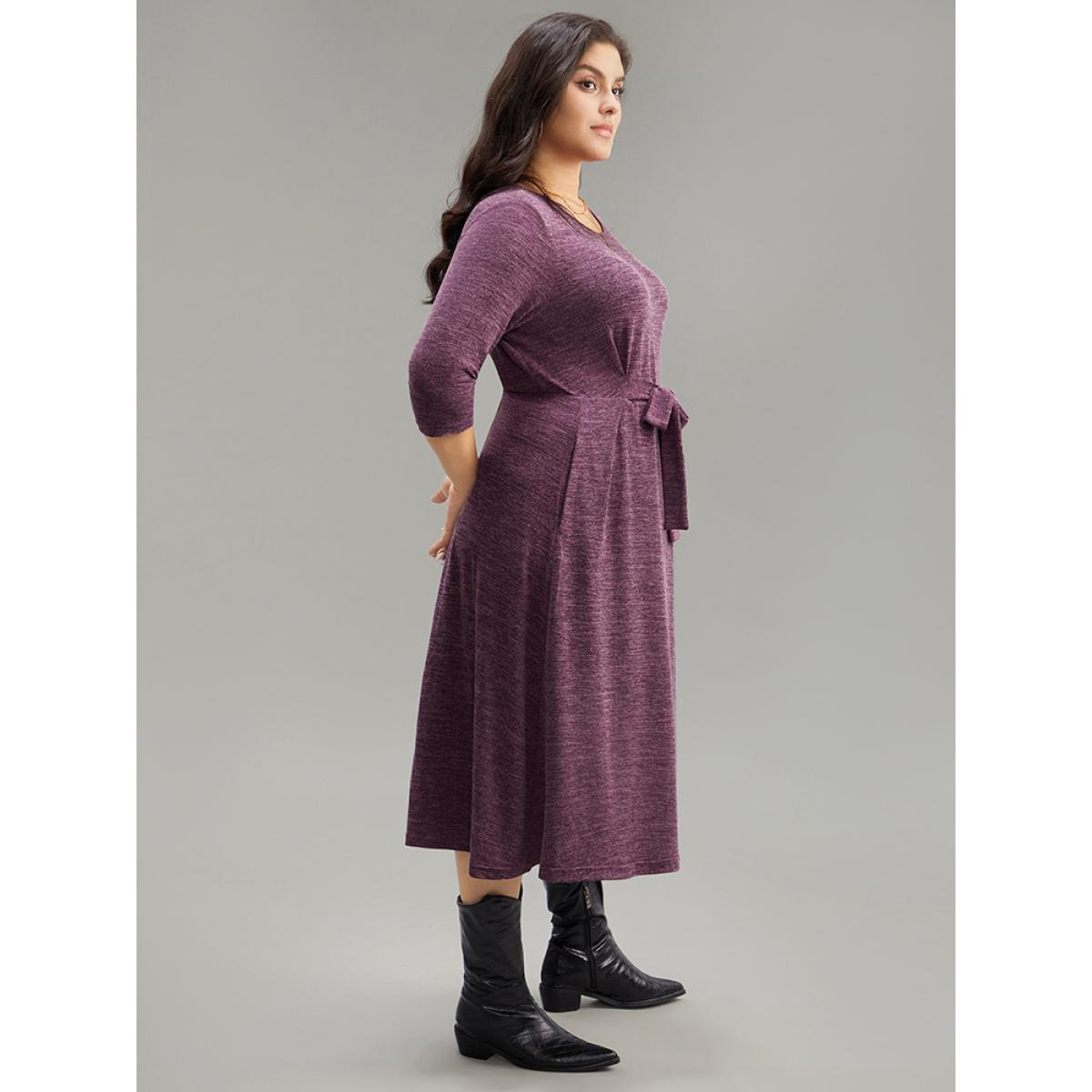 Plus Size Solid Heather Ties Pocket Dress RedViolet Women Casual Plain Round Neck Elbow-length sleeve Curvy Midi Dress BloomChic 30/6X Product Image
