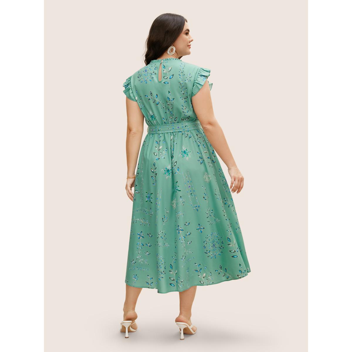 Plus Size Mock Neck Floral Ruffle Cap Sleeve Dress Palemauve Women Elegant Belted Mock Neck Cap Sleeve Curvy BloomChic 30/6X Product Image