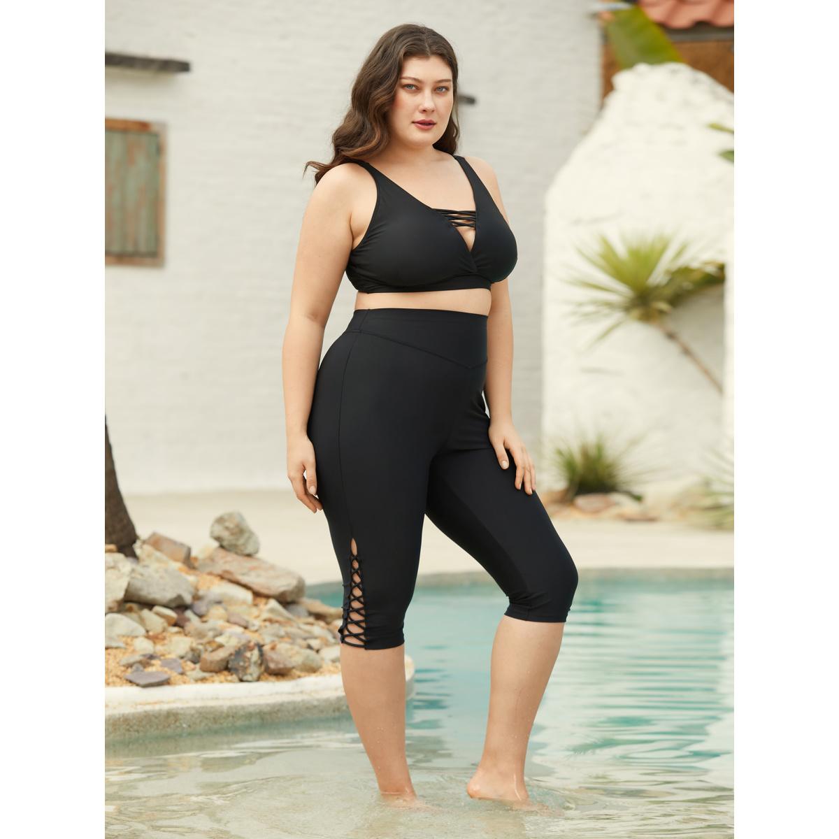 Plus Size Cut-Out Straps Hips Contour Swim Bottoms Women's Swimwear Black Resort Cross straps High stretch Skinny High Rise Curve Swim Bottoms BloomChic 30/6X Product Image