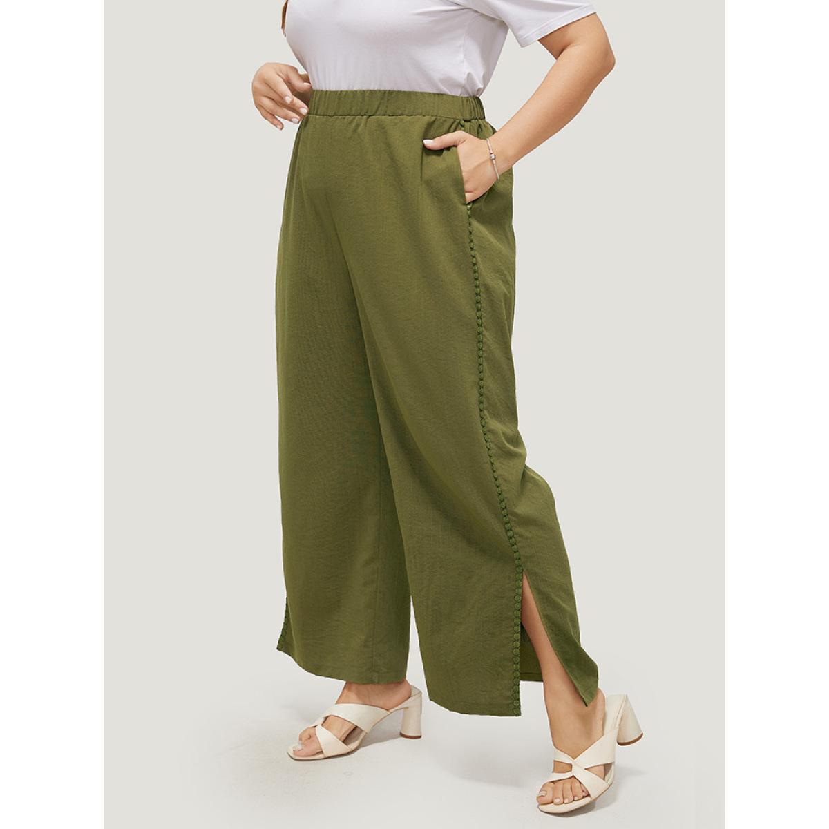 Plus Size Plain Pocket Elastic Waist Pompom Detail Split Pants Women ArmyGreen Elegant Mid Rise Dailywear Pants BloomChic 30/6X Product Image