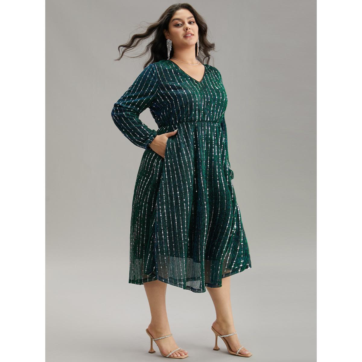 Plus Size Sequin Mesh V Neck Elastic Waist Dress DarkSlateGray Women Cocktail Sequin V-neck Long Sleeve Curvy Midi Dress BloomChic 22-24/3X Product Image