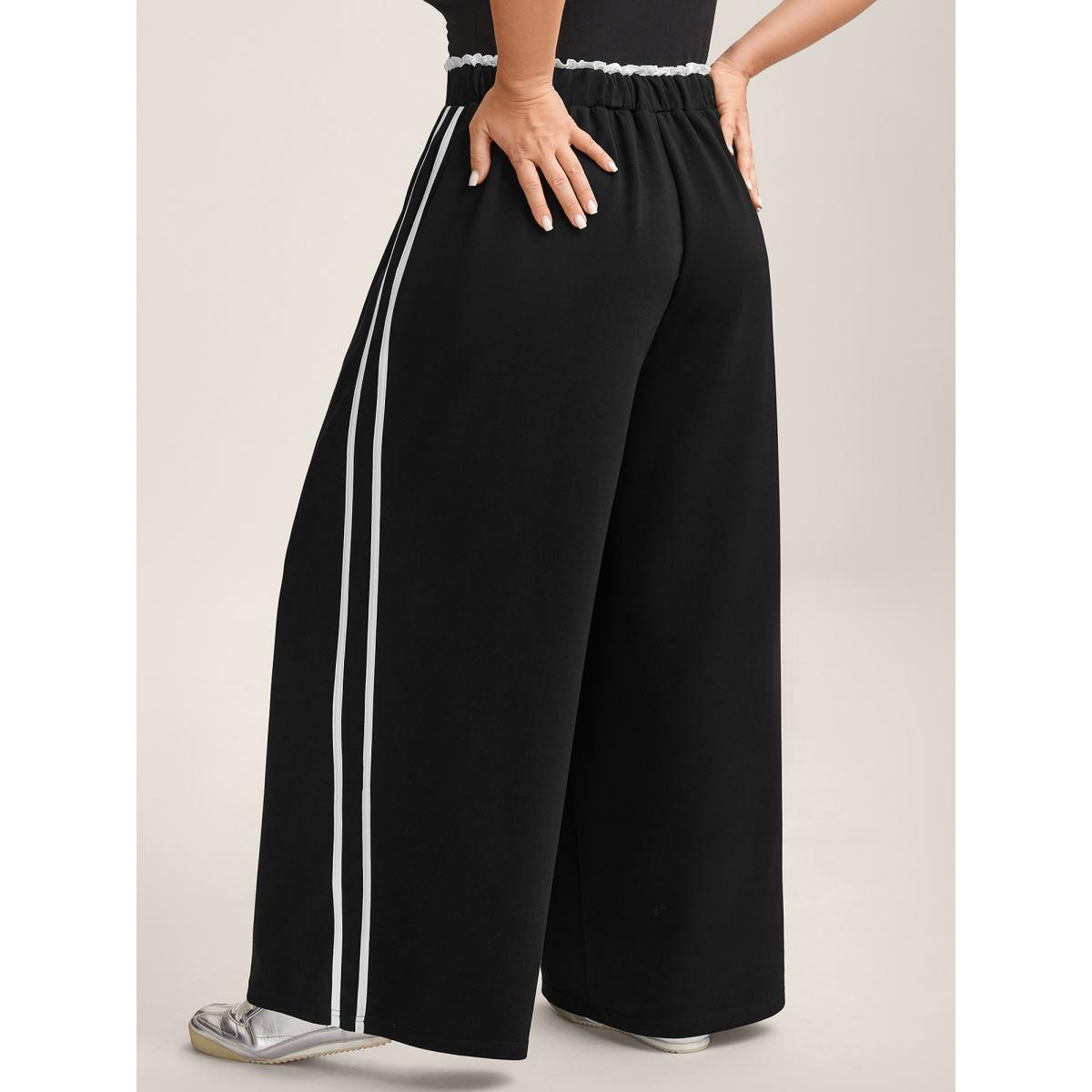 Plus Size Contrast Lines Drawstring Wide-Leg Pants Women Black Casual Wide Leg Mid Rise Everyday-Casual Pants BloomChic 30/6X Product Image
