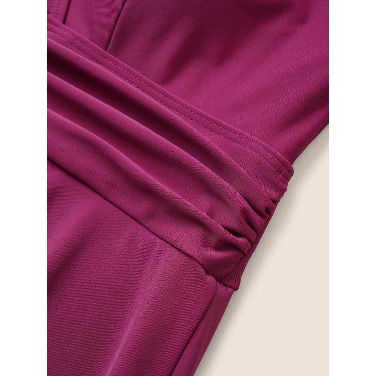 Plus Size Solid Ruffle Hem Empire Waist Halter Neck Swim Dress Women's Swimwear RedViolet Resort Bodycon Halter neck High stretch Curve Swim Dresses BloomChic 12/L Product Image