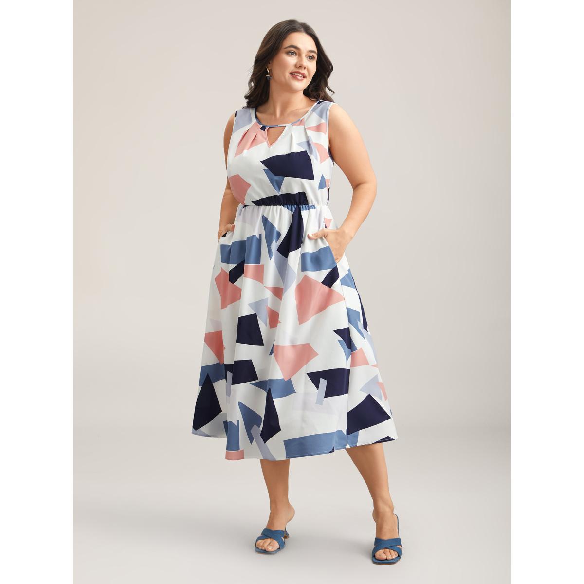 Plus Size Shapes Pattern Keyhole Pockets Midi Dress Multicolor Women Elegant Cut-Out Round Neck Sleeveless Curvy BloomChic 28/5X Product Image