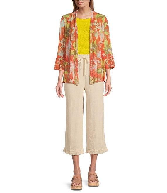 Multiples Onionskin Melon Print Shawl Neck 3/4 Flounce Sleeve Open-Front Jacket Product Image