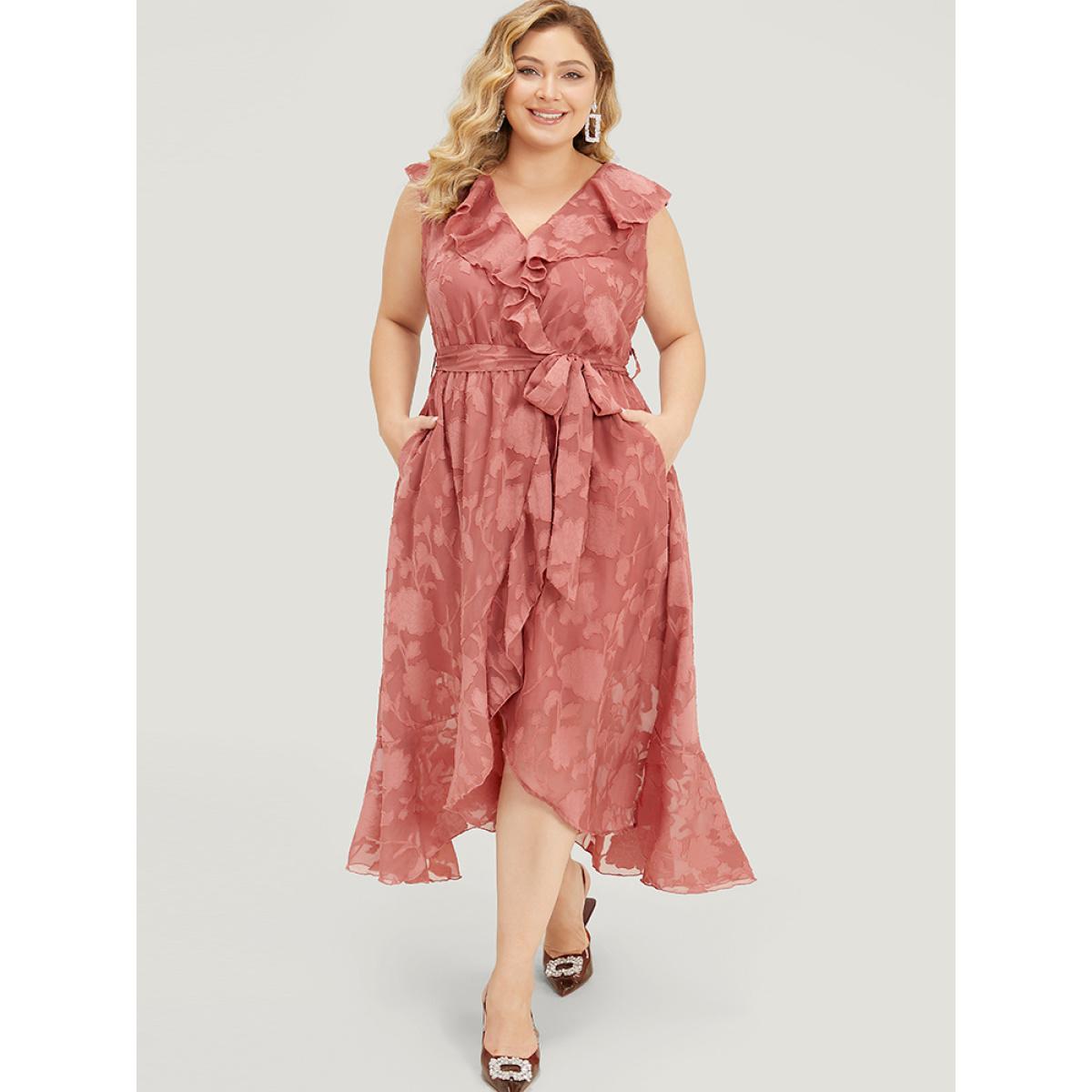 Plus Size Floral Print Ruffle Trim Wrap Belted Asymmetrical Tank Dress DustyPink Women Glamour Lined V-neck Sleeveless Curvy Midi Dress BloomChic 12/L Product Image