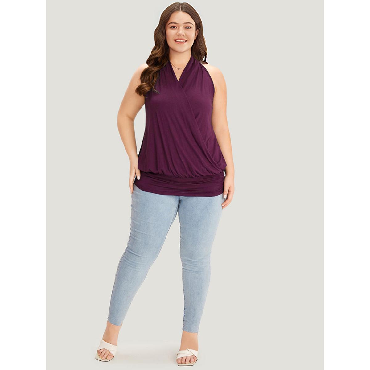 Plus Size Plain Halter Overlap Collar Cami Top Women Burgundy Elegant Wrap V-neck Dailywear Tank Tops Camis BloomChic 18-20/2X Product Image