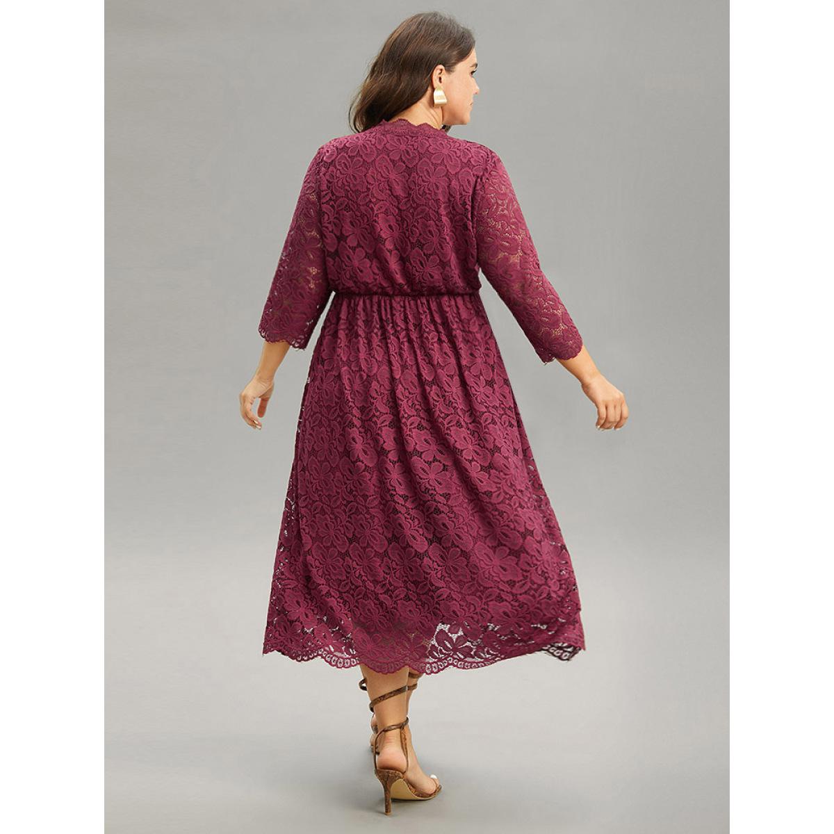 Plus Size Plain Elastic Waist Lace Patchwork Mesh Dress Scarlet Women Elegant See through V-neck Elbow-length sleeve Curvy Midi Dress BloomChic 30/6X Product Image