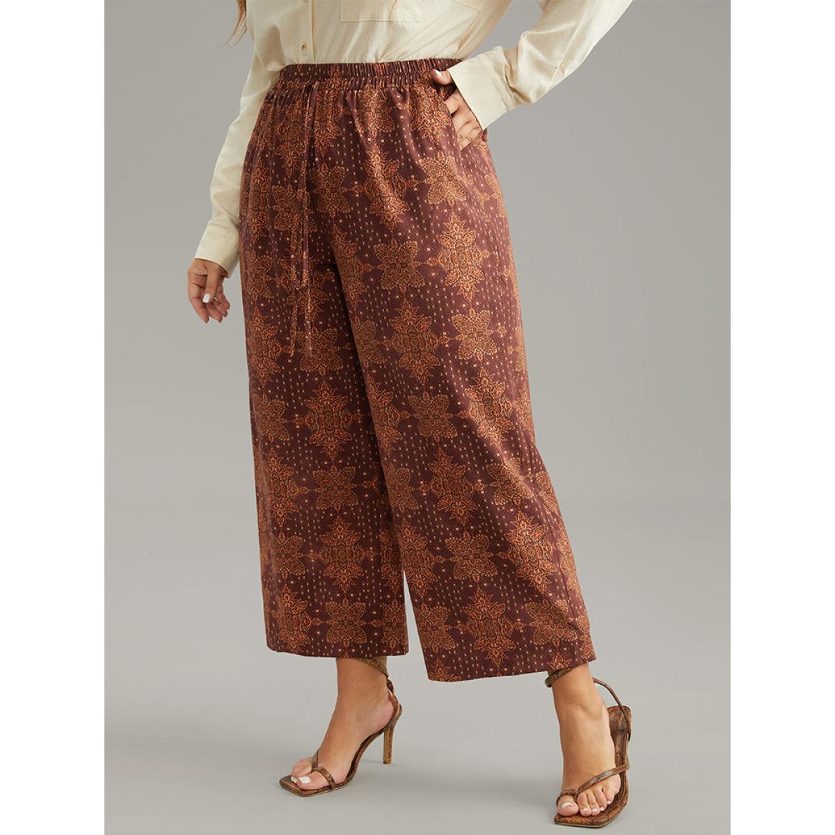 Plus Size Bandana Elastic Waist Wide Leg Ties Pants Women Maroon Vacation Wide Leg High Rise Dailywear Pants BloomChic 26/4X Product Image
