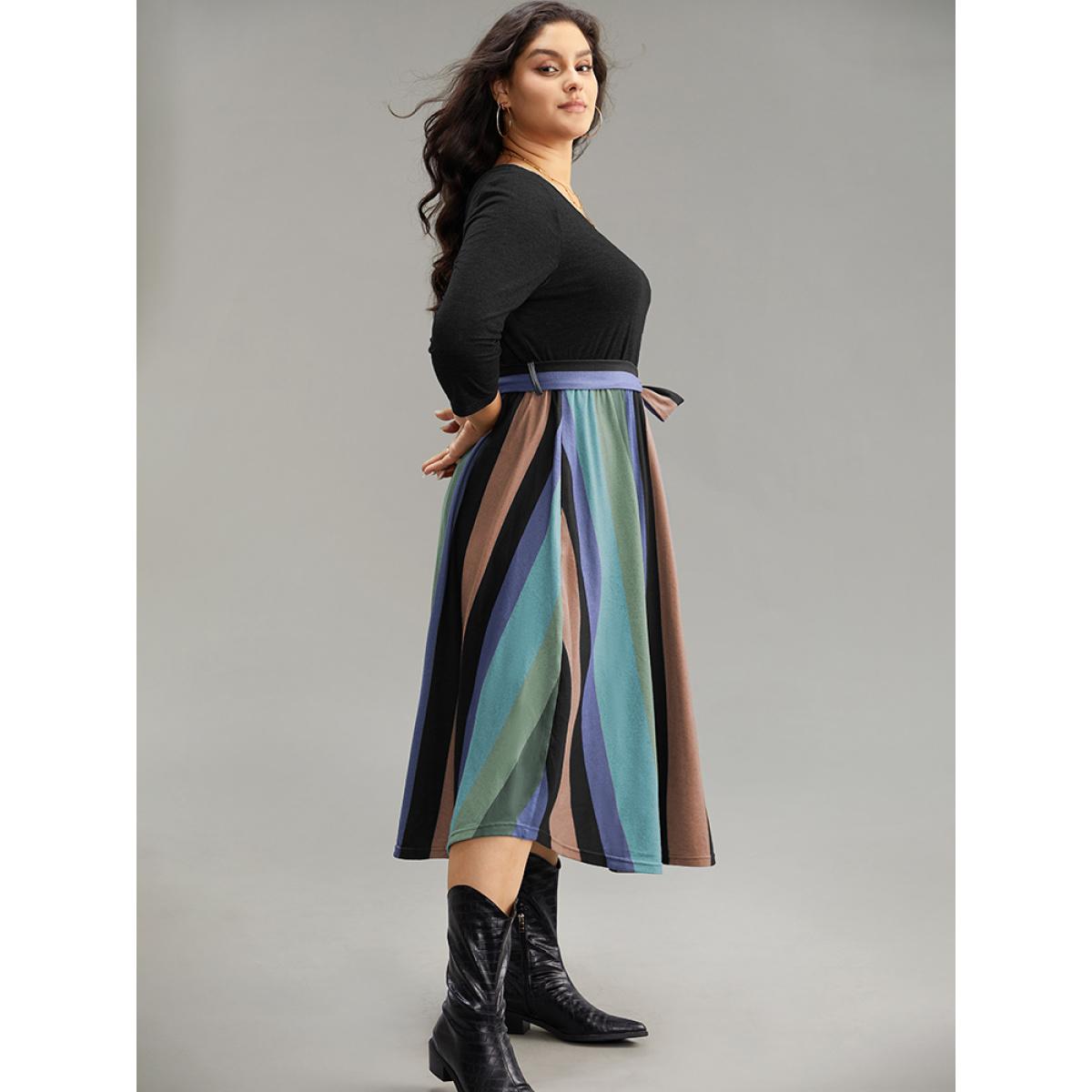 Plus Size Striped Contrast Patchwork Belted Dress Navy Women Casual Belted Round Neck Elbow-length sleeve Curvy Midi Dress BloomChic 14-16/1X Product Image