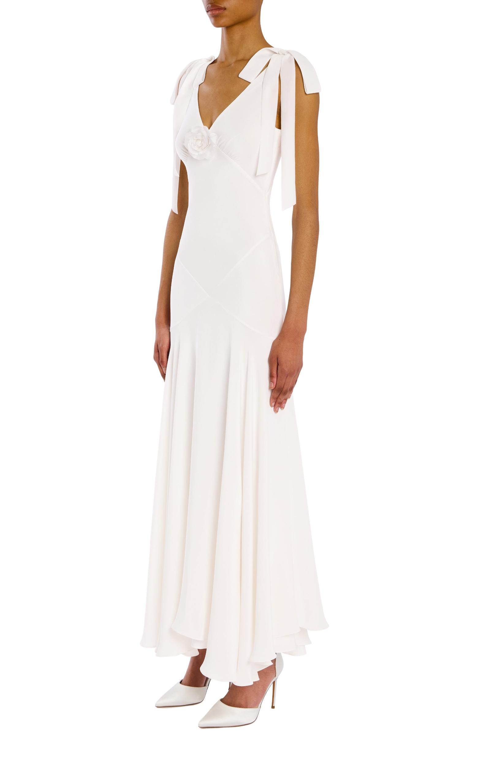 White Silk Crepe Bias Dress With White Velvet Ribbon Bow Detail Product Image
