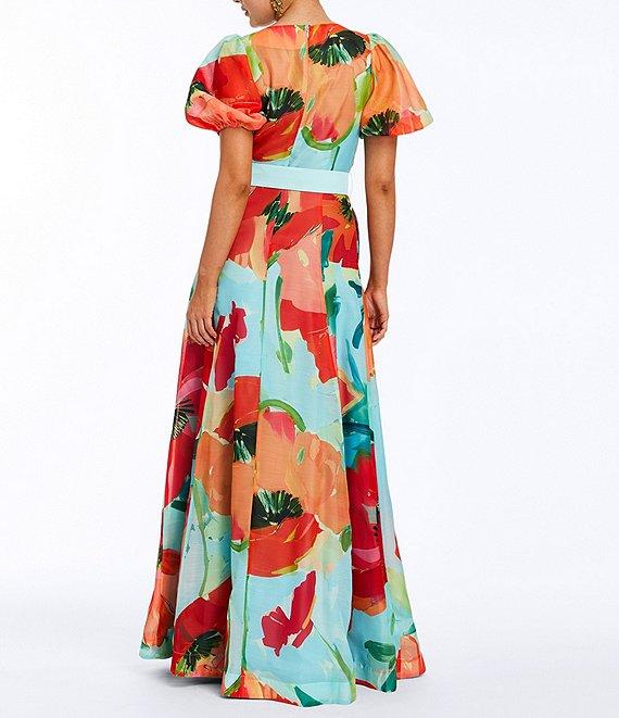 Mestiza New York Pippa Floral Organza Round Neck Puff Sleeve Belted Fit-And-Flare Gown Product Image