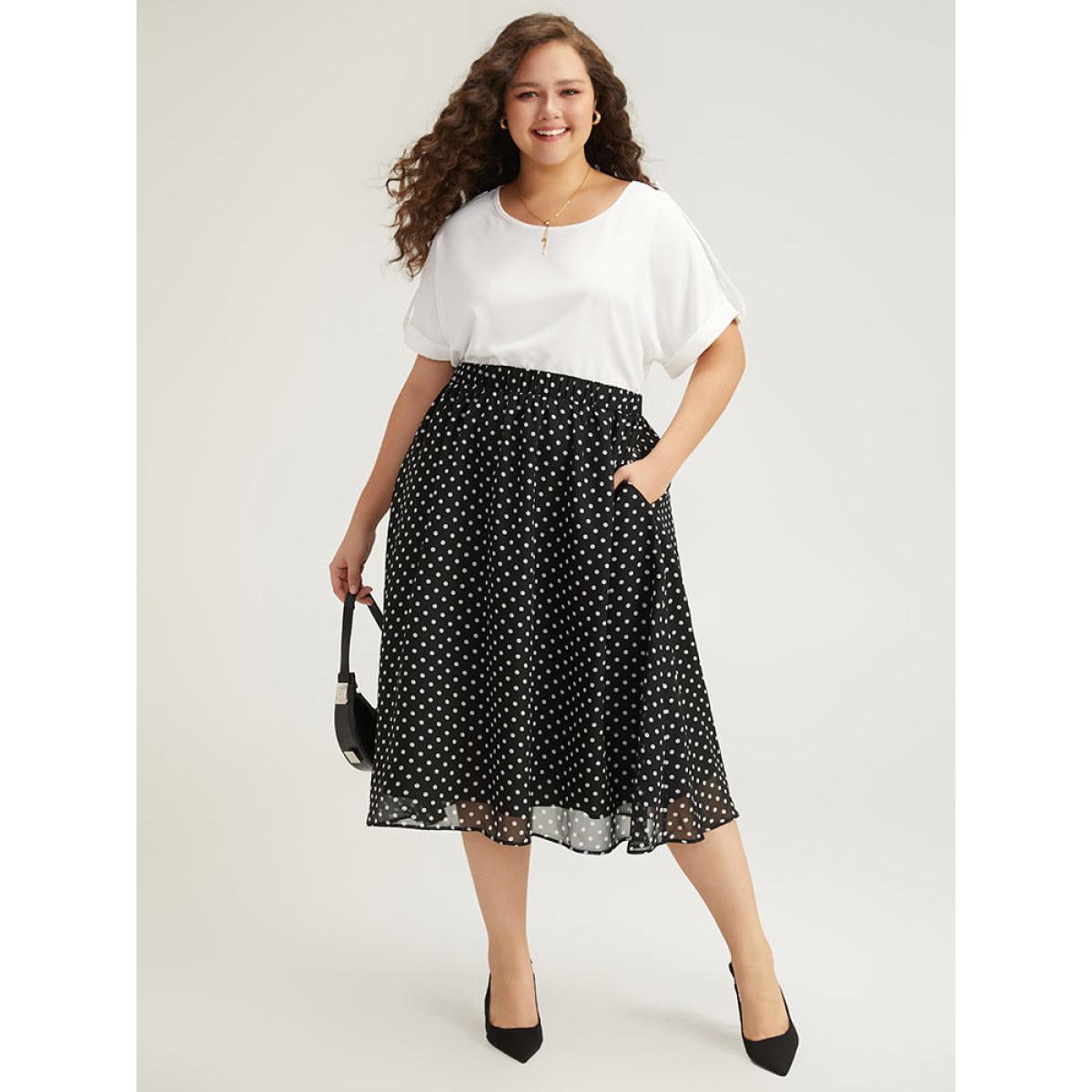 Plus Size Polka Dot Pocket Mesh Elastic Waist Skirt Women Black Office Lined No stretch Pocket Work Skirts BloomChic 26/4X Product Image