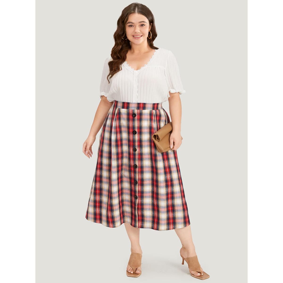 Plus Size Plaid Wideband Waist Pleated Button Detail Skirt Women Raspberry Office Button Loose No stretch Pocket Office Skirts BloomChic 28/5X Product Image