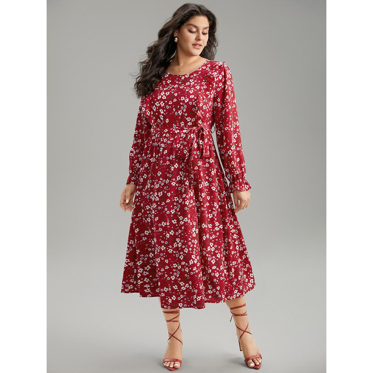 Plus Size Ditsy Floral Belted Ruffle Sleeve Dress Scarlet Women Elegant Belted Round Neck Long Sleeve Curvy Midi Dress BloomChic 28/5X Product Image