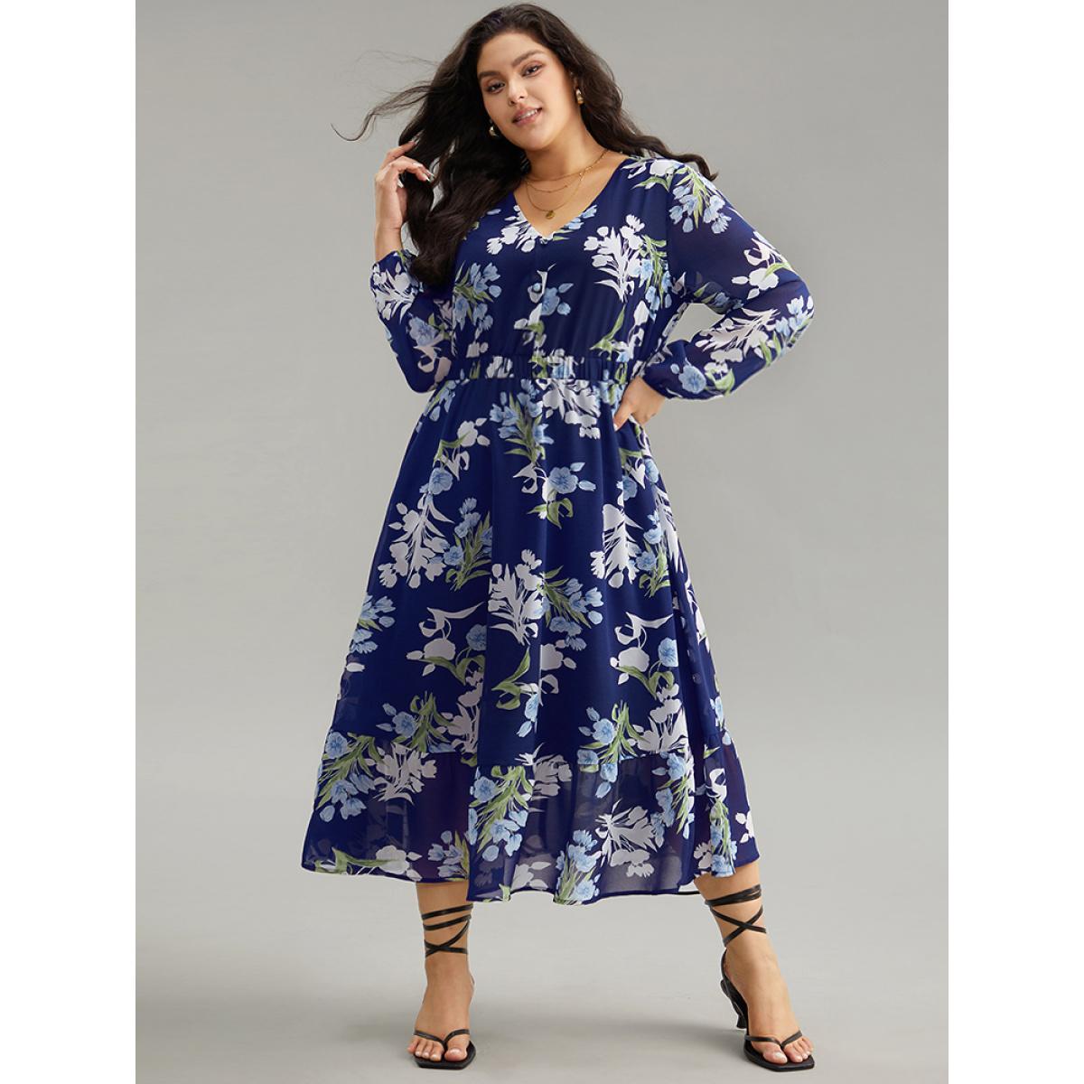 Plus Size Floral Print Chiffon Pocket Elastic Waist Gathered Dress DarkBlue Women Elegant Elastic cuffs V-neck Long Sleeve Curvy Midi Dress BloomChic 14-16/1X Product Image