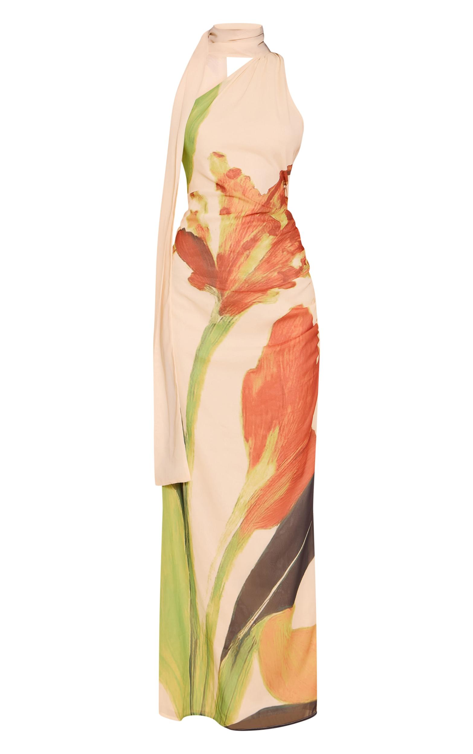 Cream Floral Print Chiffon High Neck Mxi Dress Product Image