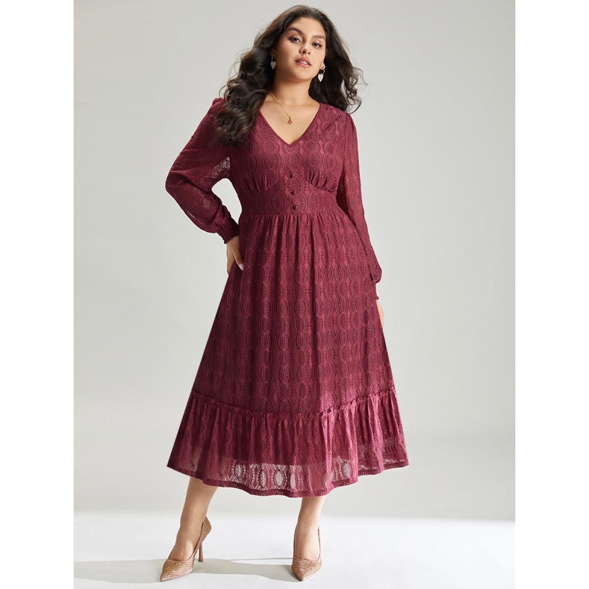 Plus Size Contrast Lace Button Detail Shirred Ruffle Hem Dress Scarlet Women Glamour Texture V-neck Long Sleeve Curvy Midi Dress BloomChic 10/M Product Image