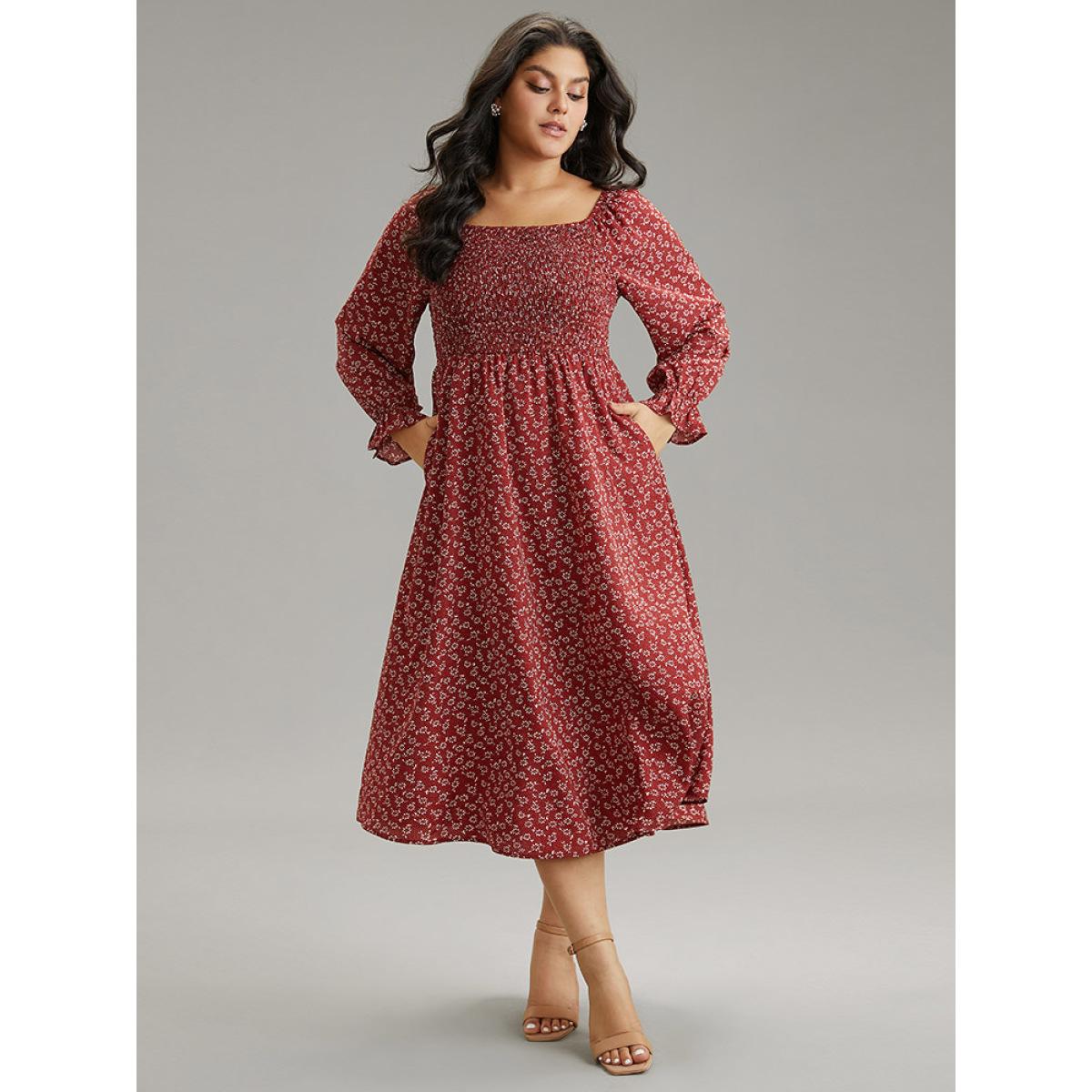 Plus Size Ditsy Floral Square Neck Shirred Gathered Dress DustyPink Women Elegant Gathered Square Neck Long Sleeve Curvy Midi Dress BloomChic 28/5X Product Image