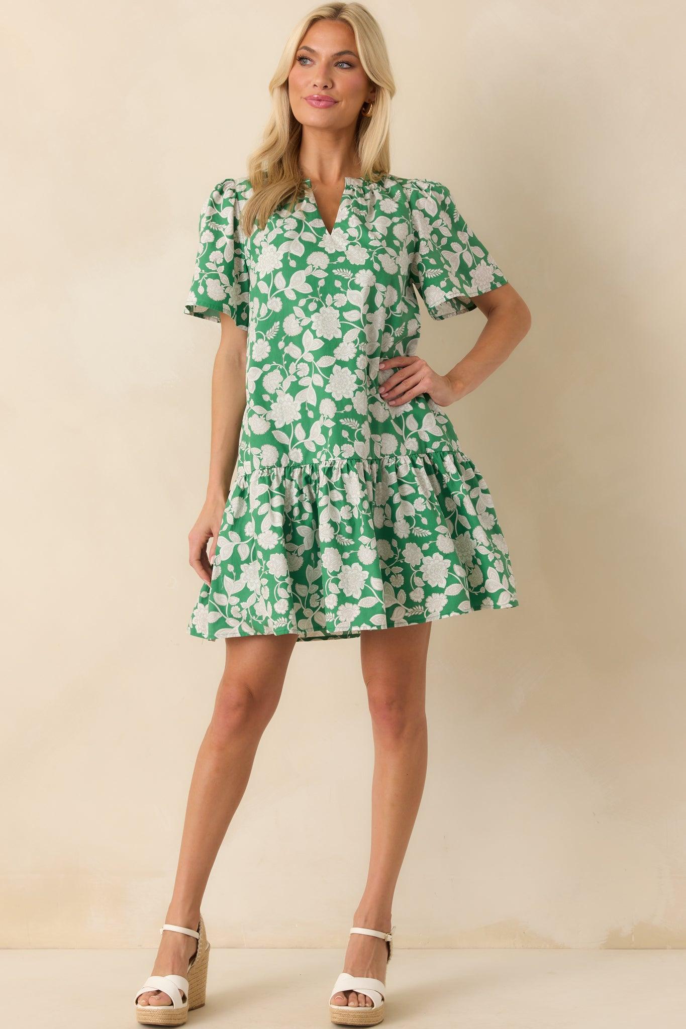 Where It All Begins Green Floral Print Cotton Mini Dress Product Image