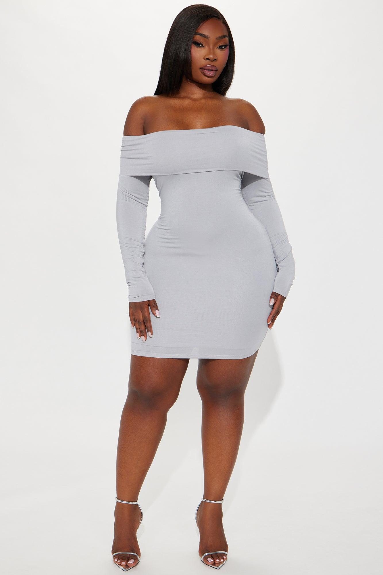 Look My Way Off Shoulder Mini Dress - Grey Product Image