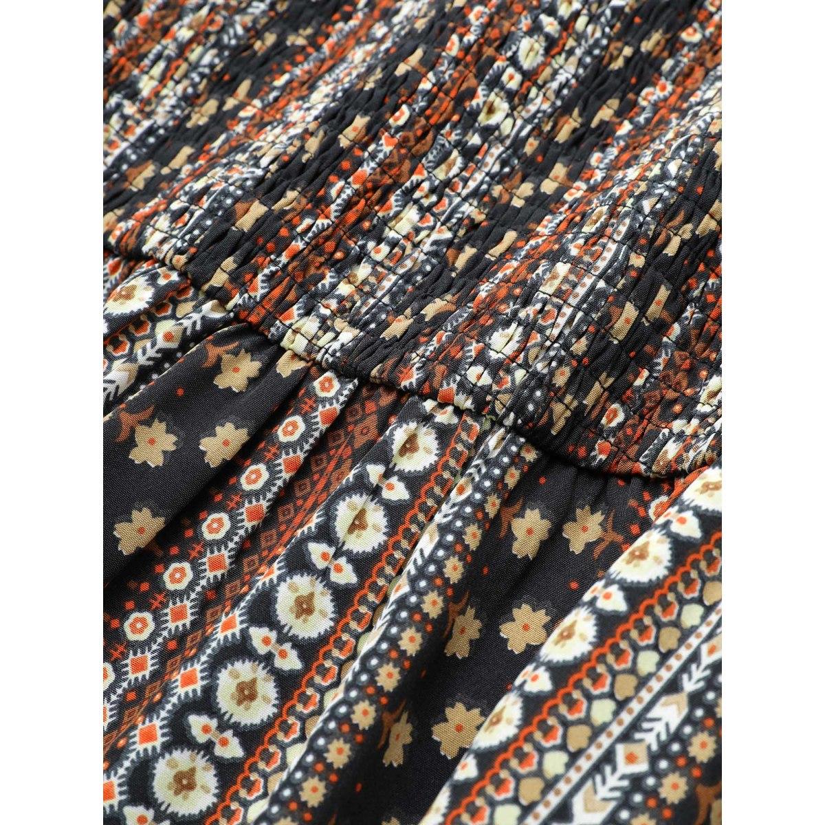 Plus Size Bandana Print Square Neck Shirred Gathered Dress Multicolor Women Vacation Gathered Square Neck Long Sleeve Curvy Midi Dress BloomChic 22-24/3X Product Image