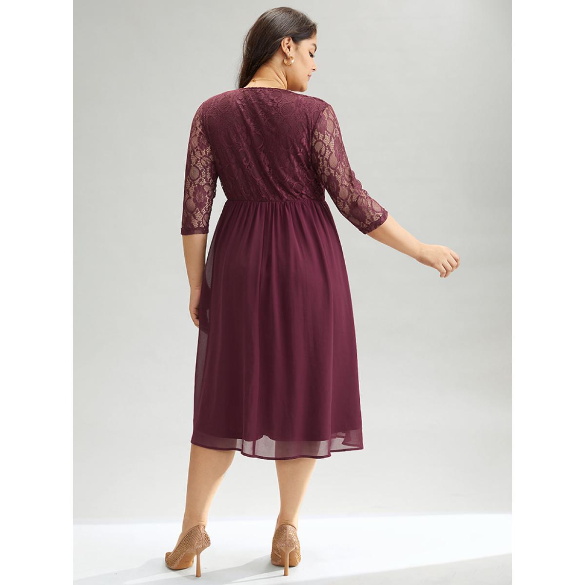 Plus Size Chiffon Crochet Lace Mesh Surplice Neck Dress Burgundy Women Elegant Texture Overlap Collar Elbow-length sleeve Curvy Midi Dress BloomChic 10/M Product Image