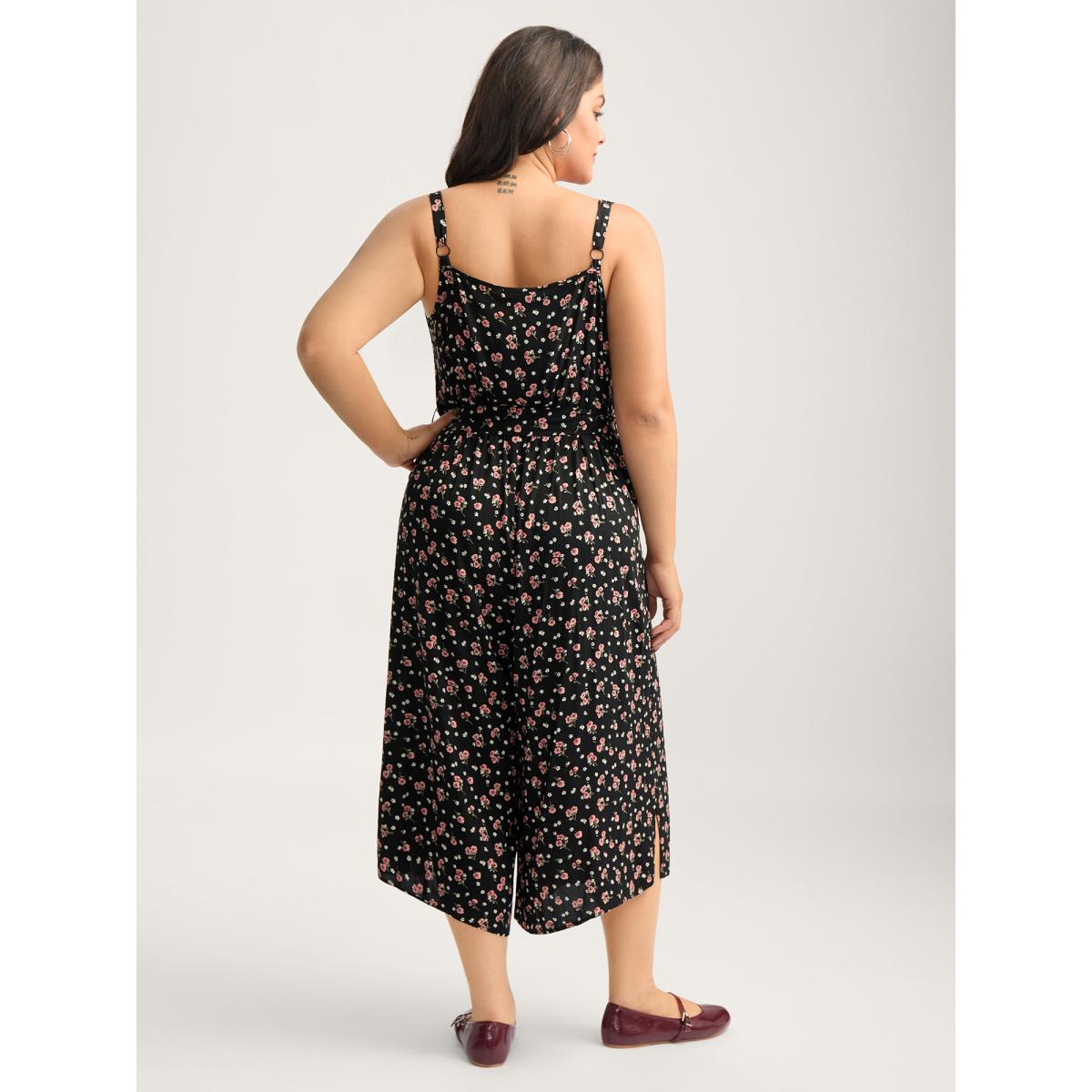 Plus Size Black Romantic Florals Belted Pockets Jumpsuit Women Leisure Sleeveless Heart neckline Casual Loose Jumpsuits BloomChic 12/L Product Image