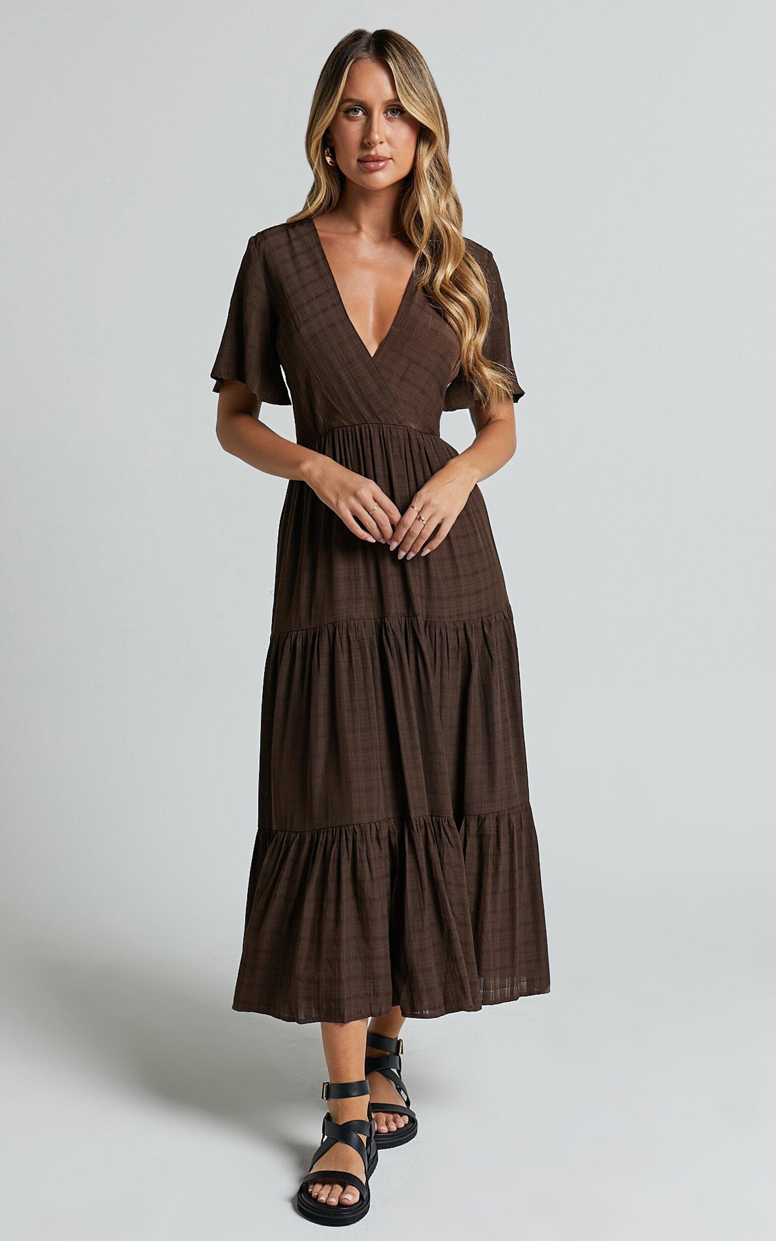 Cryzel Midi Dress - Flutter Sleeve Tiered Dress in Chocolate Product Image