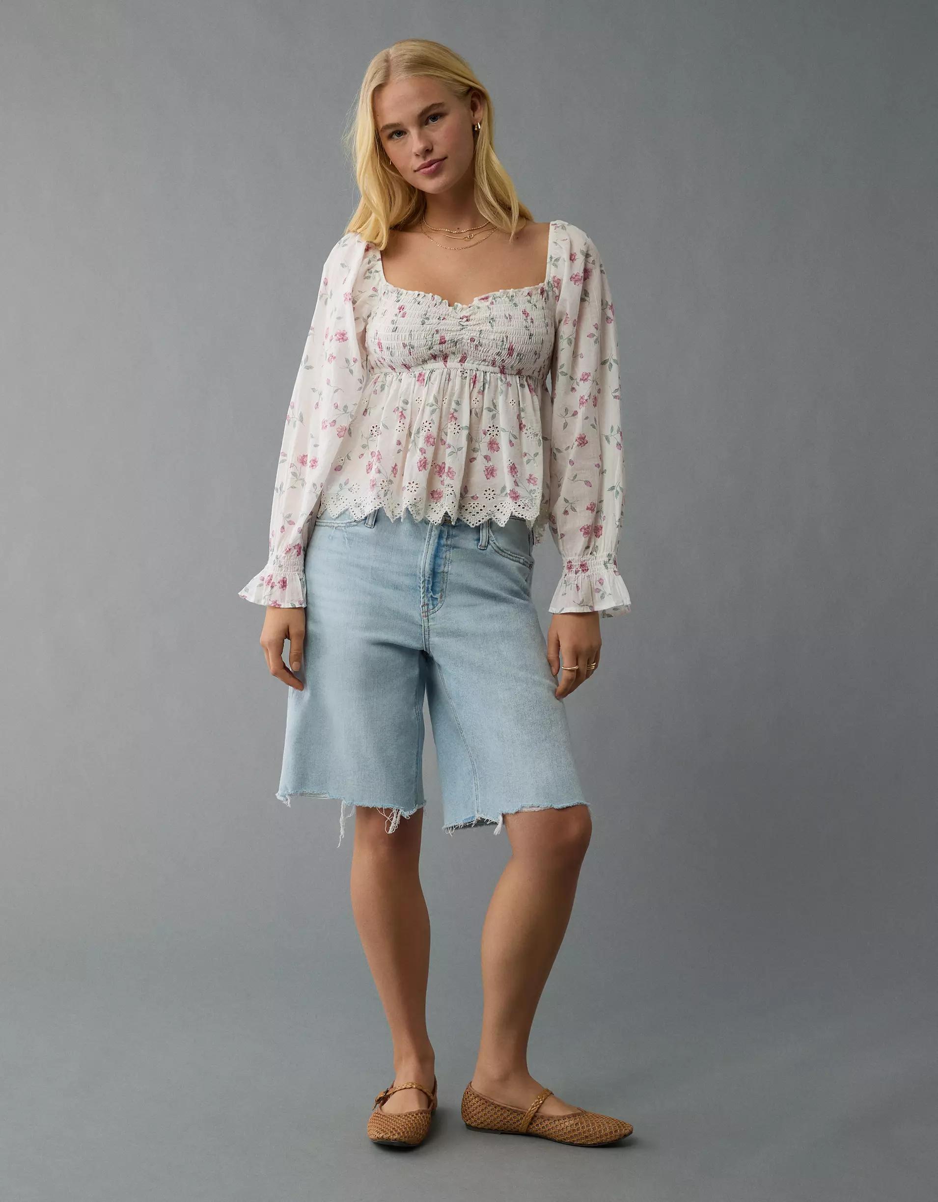 AE Long-Sleeve Smocked Babydoll Blouse Product Image