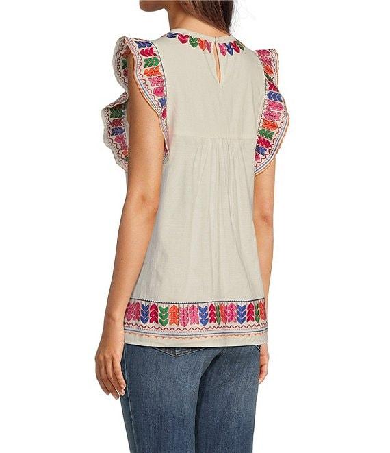 Calessa Embroidered Round Neck Ruffled Cap Sleeve Tunic Product Image