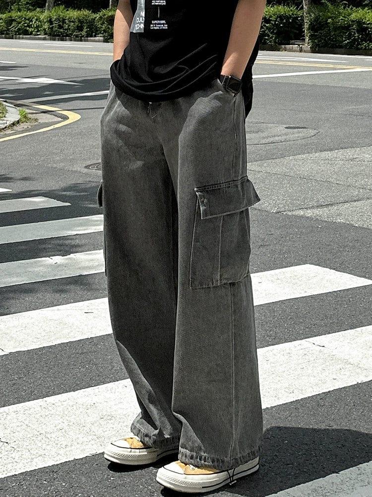 RT No. 11513 GRAY DRAWSTRING WIDE CARGO PANTS Product Image