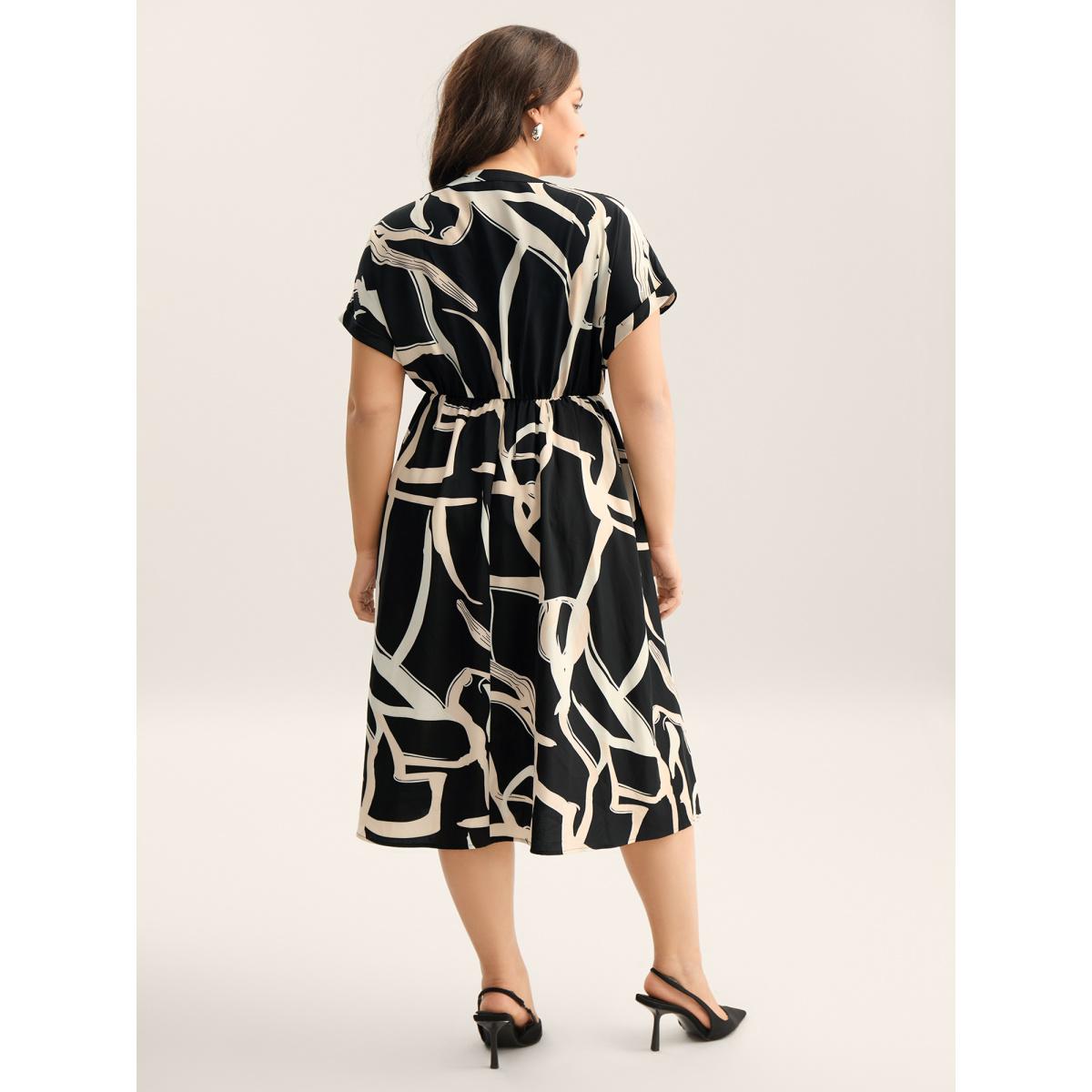 Plus Size Abstract Print Ribbon Collar Midi Dress Black Women Ribbon-tied collar Cap Sleeve Curvy BloomChic 22-24/3X Product Image
