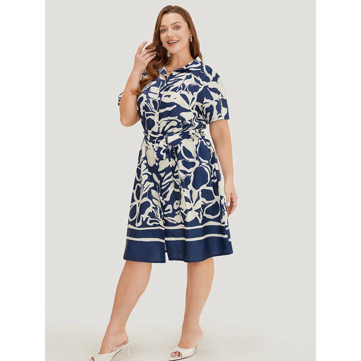 Plus Size Geometric Print Flutter Pocket Belt Shirt Collar Dress DarkBlue Women Elegant Lapel Collar Short sleeve Curvy Knee Dress BloomChic 30/6X Product Image