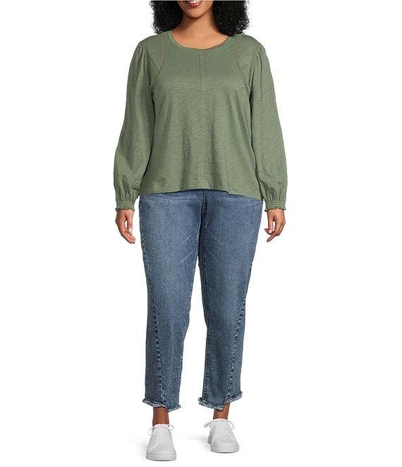 Democracy Plus Size Knit Crew Neck Long Sleeve Crochet Fagoting Detail Top Product Image