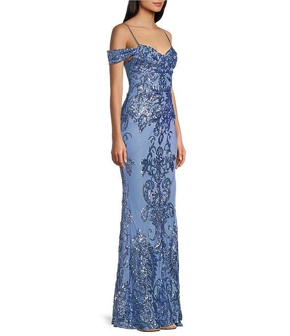 B. Darlin Sequin Pattern Off The Shoulder Spaghetti Strap Bustier Dress Product Image