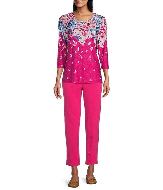 Allison Daley Petite Size Embellished Floral Print 3/4 Sleeve Crew Neck Linear Jacquard Knit Top Product Image