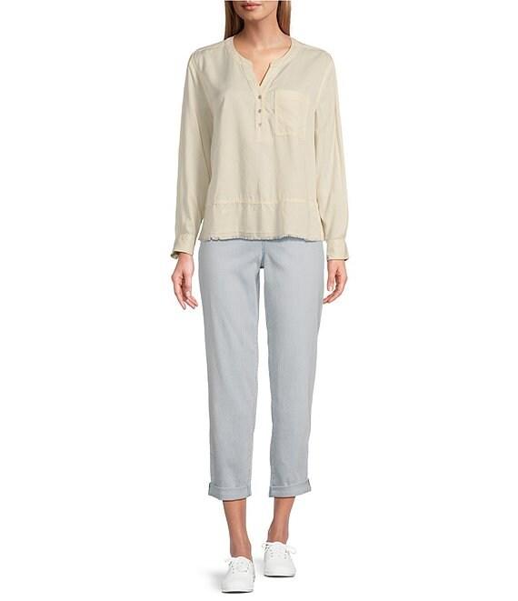 Westbound Petite Size Woven Long Roll-Tab Sleeve Henley Top Product Image
