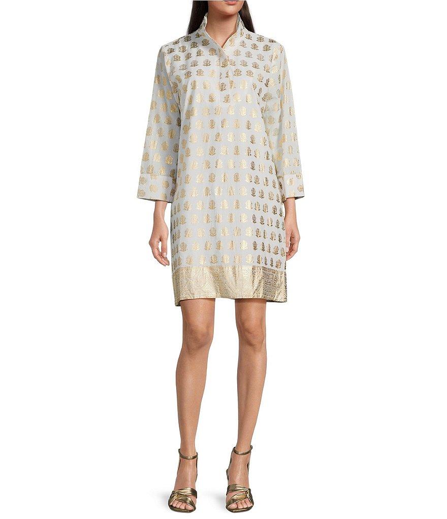 Jude Connally Helen Foiled Foulard Border Print Stand Collar Long Sleeve Dress Product Image