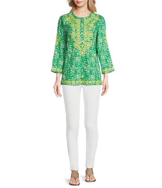 Calessa Petite Size Mini Floral Embroidered Round Neck Wrist Length Sleeve Tunic Product Image