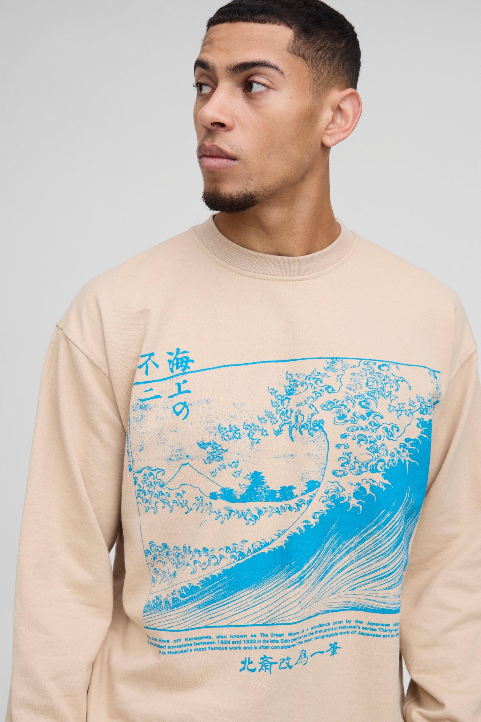 Oversized Hokusai Art License Print Sweatshirt | boohooMAN USA Product Image