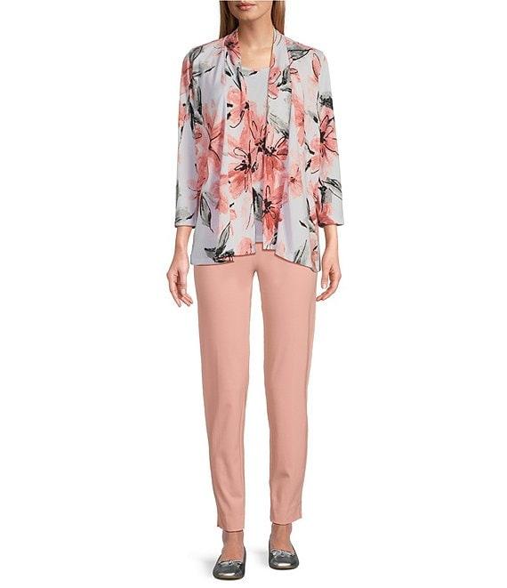 Multiples Knit Pink Print 3/4 Sleeve Open-Front Matching Tank Top Set Product Image