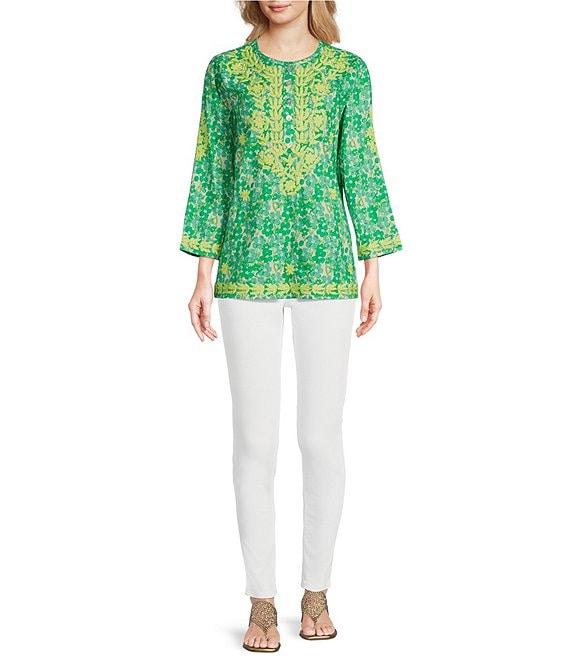 Calessa Petite Size Mini Floral Embroidered Round Neck Wrist Length Sleeve Tunic Product Image