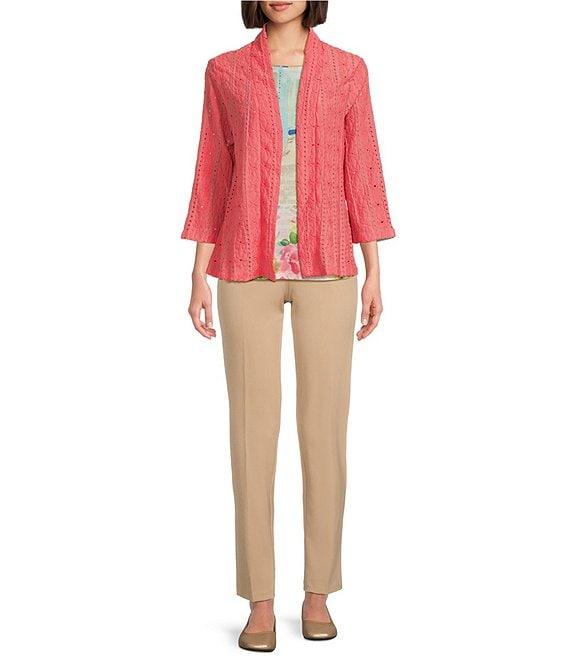 Allison Daley Petite Size 3/4 Sleeve Open-Front Eyelet Knit Cardigan Product Image