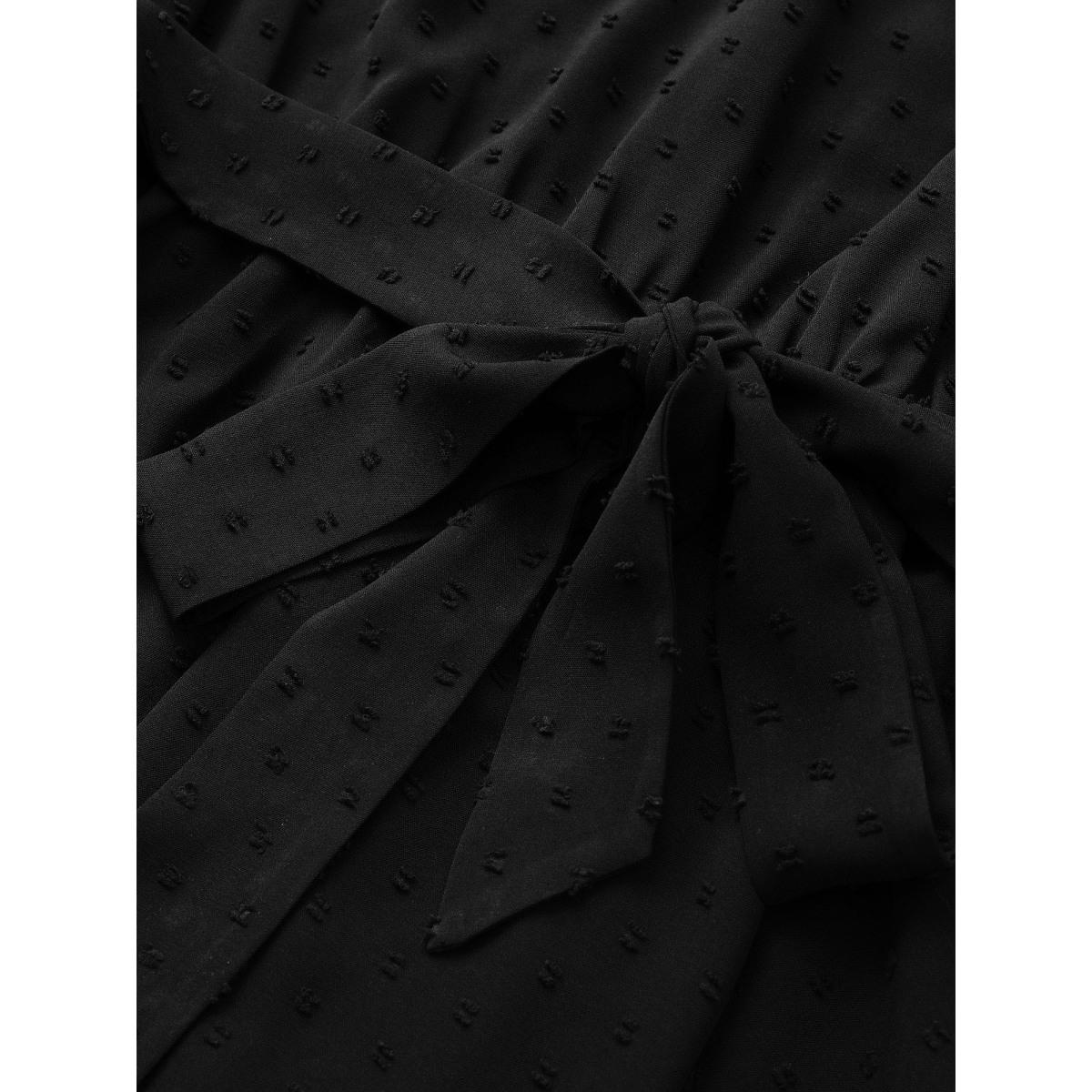 Plus Size Black Plain Textured Petal Sleeve Ties Blouse Women Work From Home Elbow-length sleeve Flat collar with V-notch Work Blouses BloomChic 18-20/2X Product Image