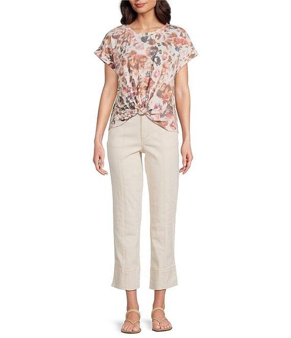 Democracy Petite Size Abstract Floral Crew Neck Short Sleeve Knot Hem Knit Top Product Image