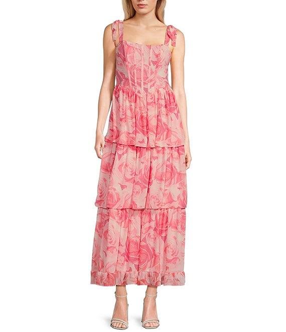 Midnight Doll Tie Sleeve Printed Carefree Corset Detail Tiered Maxi Dress Product Image