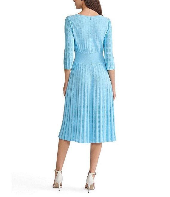 Ming Wang Pointelle Tonal Knit Square Neck 3/4 Sleeve Fit-And-Flare Midi Dress Product Image