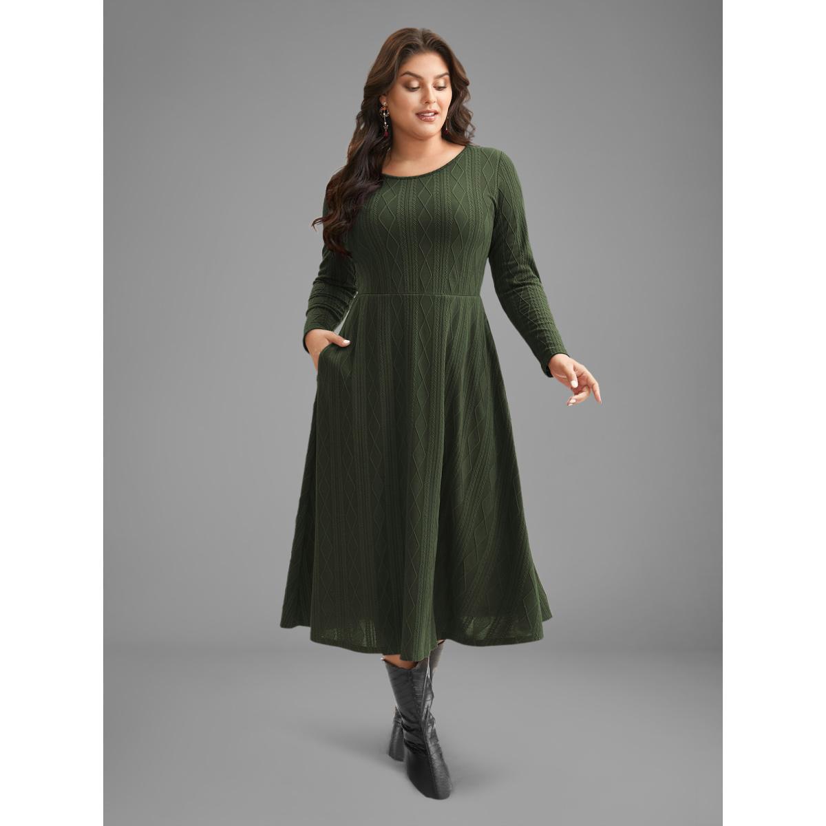 Plus Size Textured Knit Fit-And-Flare Midi Dress ArmyGreen Women Leisure Texture Round Neck Long Sleeve Curvy BloomChic 14-16/1X Product Image