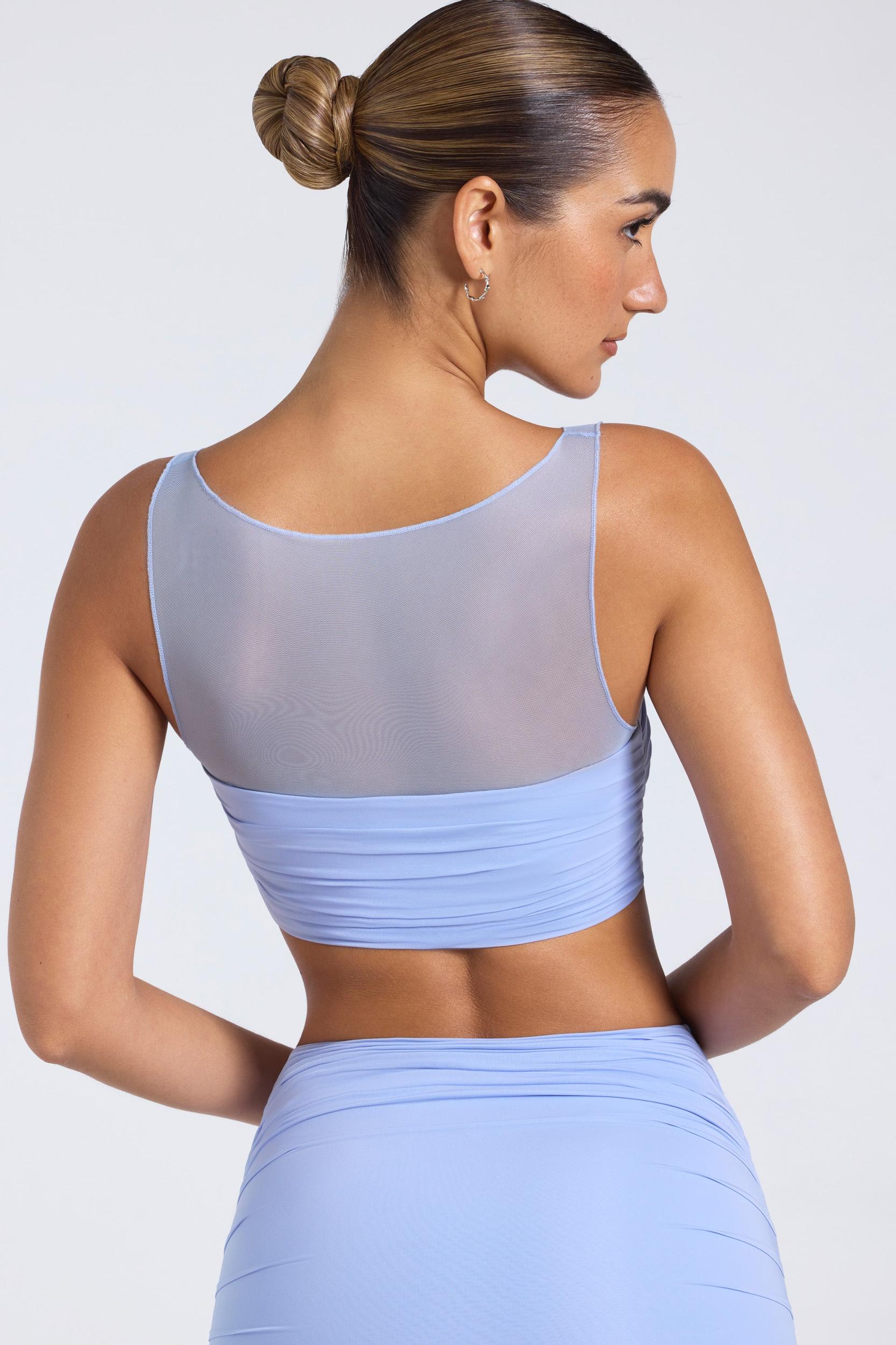 Sheer Panelled Ruched Crop Top in Periwinkle Blue Product Image